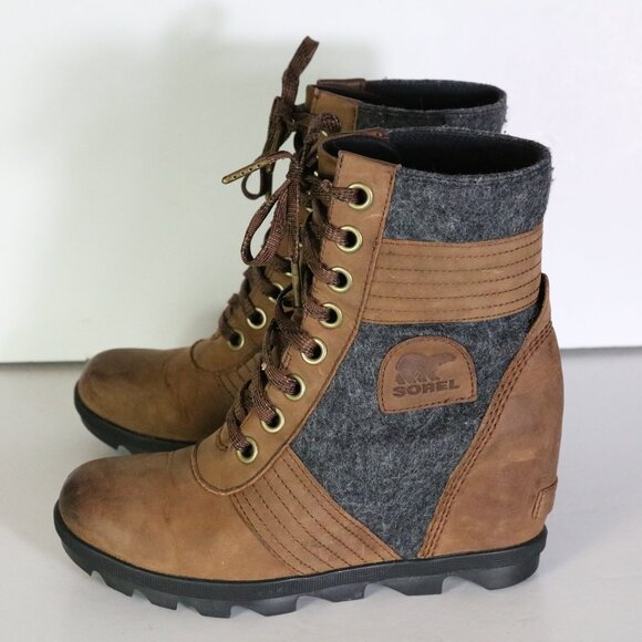Sorel Lexie Wedge Felt Leather Ankle Boot 8 Brown Gray Lace Up Waterproof Winter - Picture 10 of 10